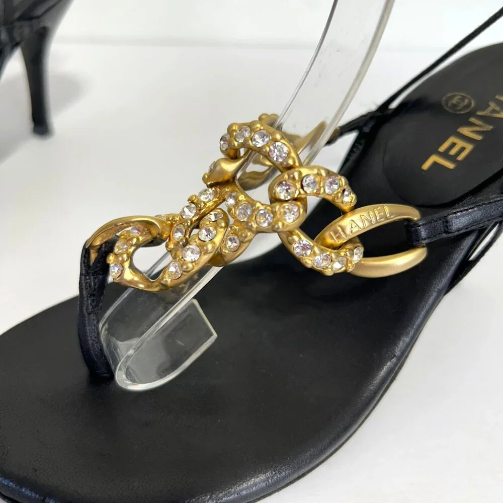 Chanel Sz 36 Black Leather Slingback Heels With Gold Chain Rhinestone Detail